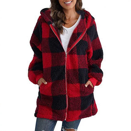 Women's plush plaid hooded zip-up jacket in red and black with front pockets