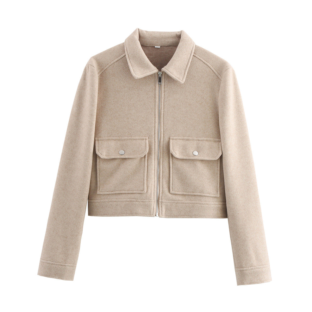 Cropped zip jacket, beige wool blend, stand collar, flap chest pockets.