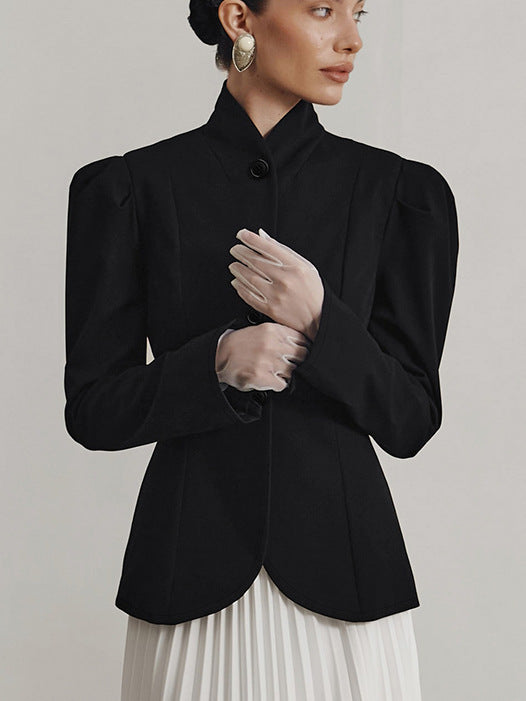 Fitted Blazer for Women — Stand Collar Puff Sleeve Jacket in Wool Blend
