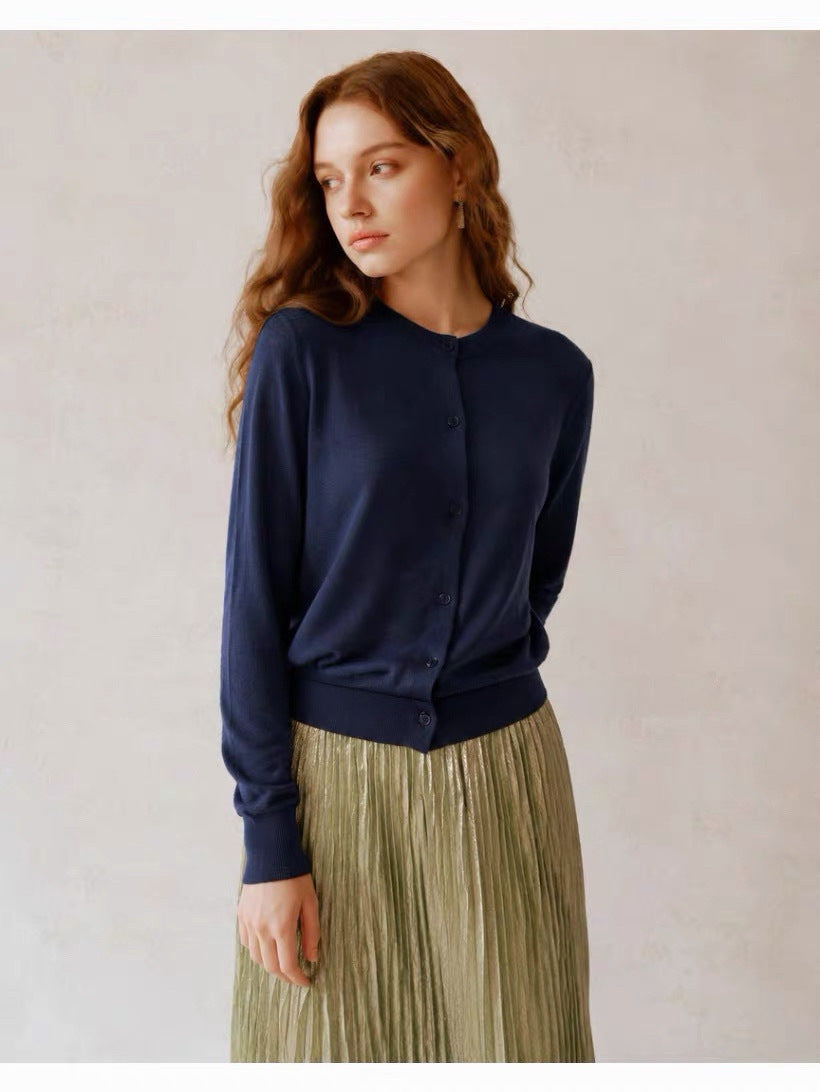 Water-soluble wool blend cardigan, long sleeves, button-front, dark navy color