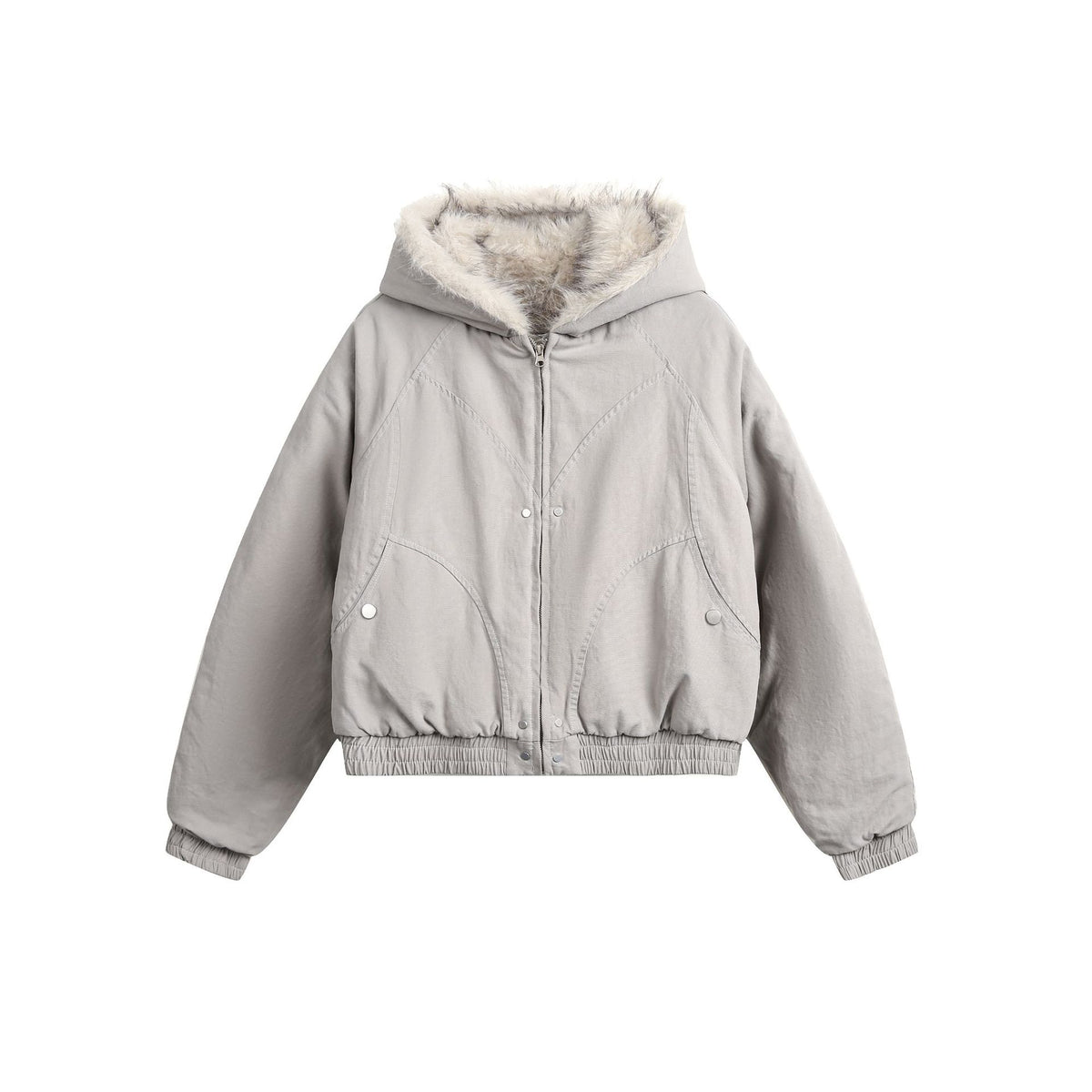 Gray short winter cotton jacket with faux fur-trimmed hood and zipper front