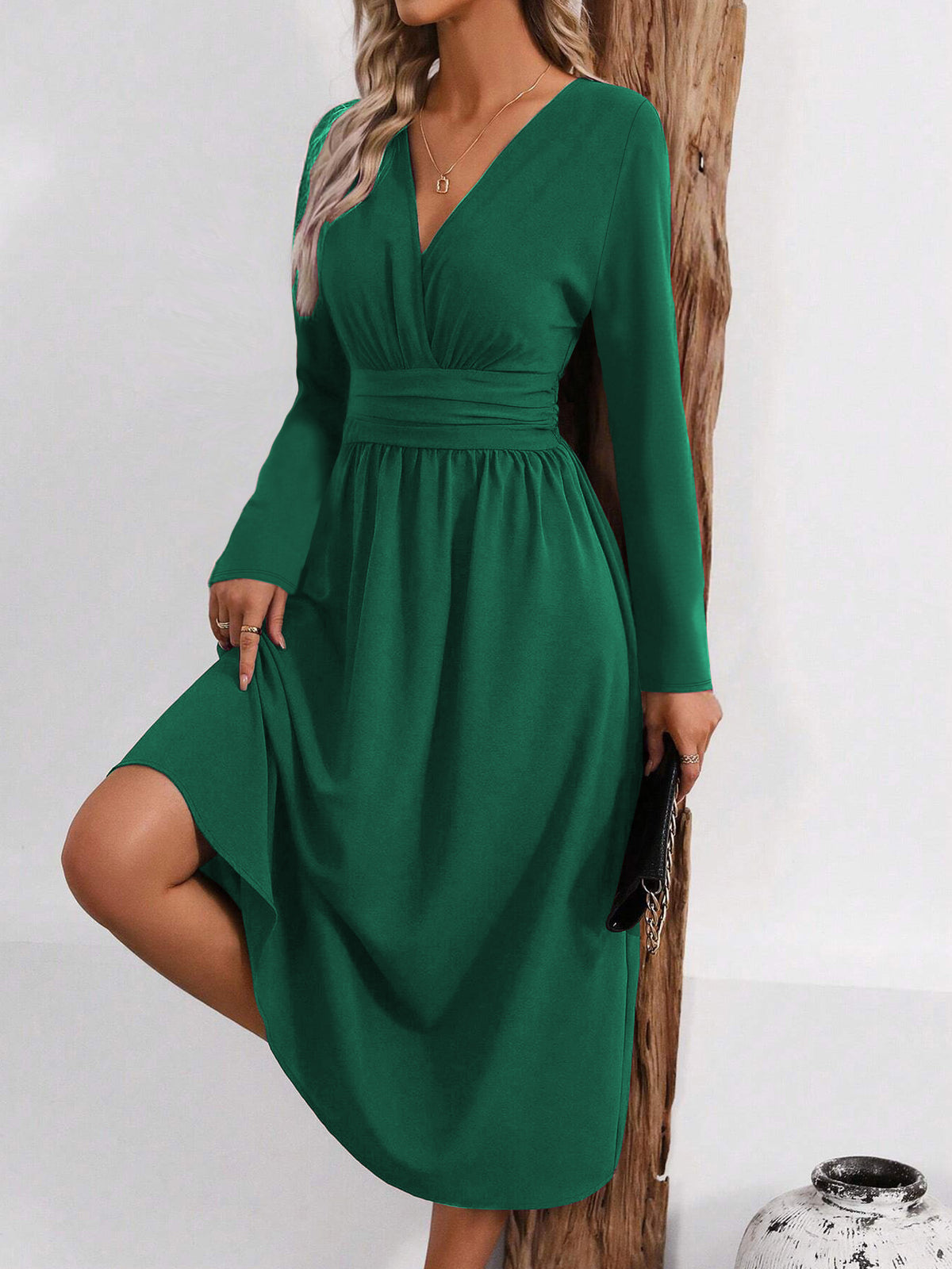 Long Sleeve Midi Dress — Surplice V Neck Pleated Style in Soft Woven Crepe