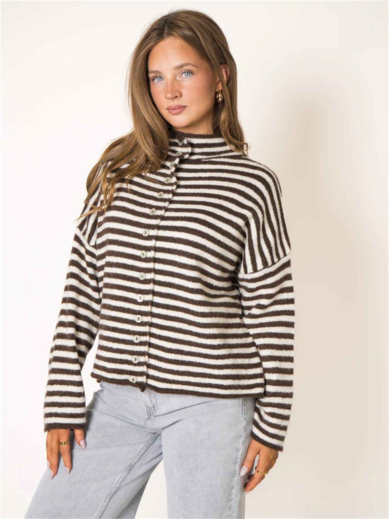 Striped Cardigan Sweater for Women — Button Front Stand Collar Knit in Soft Mohair