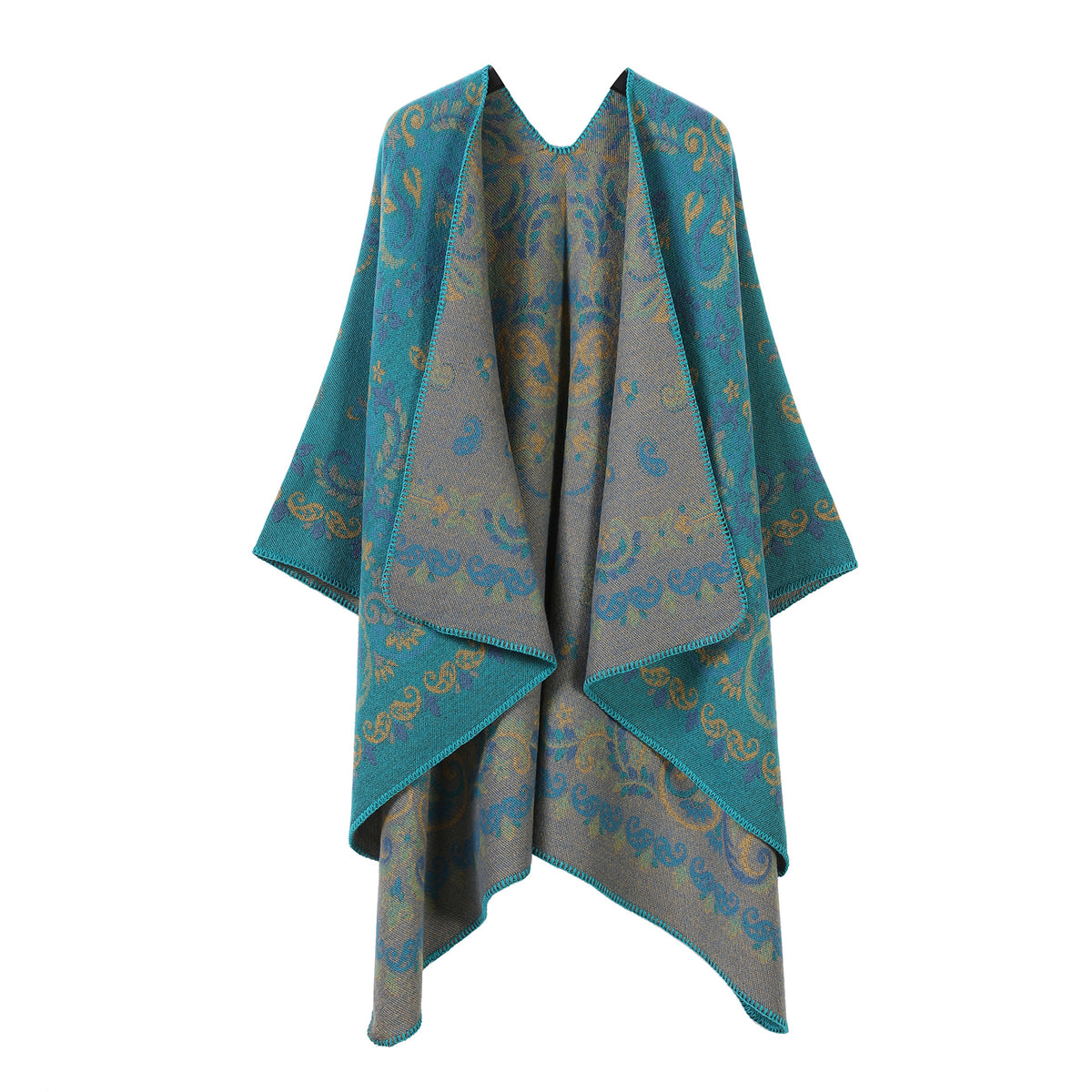 Women’s patterned split cape shawl in turquoise and gold with ornate scrolling print