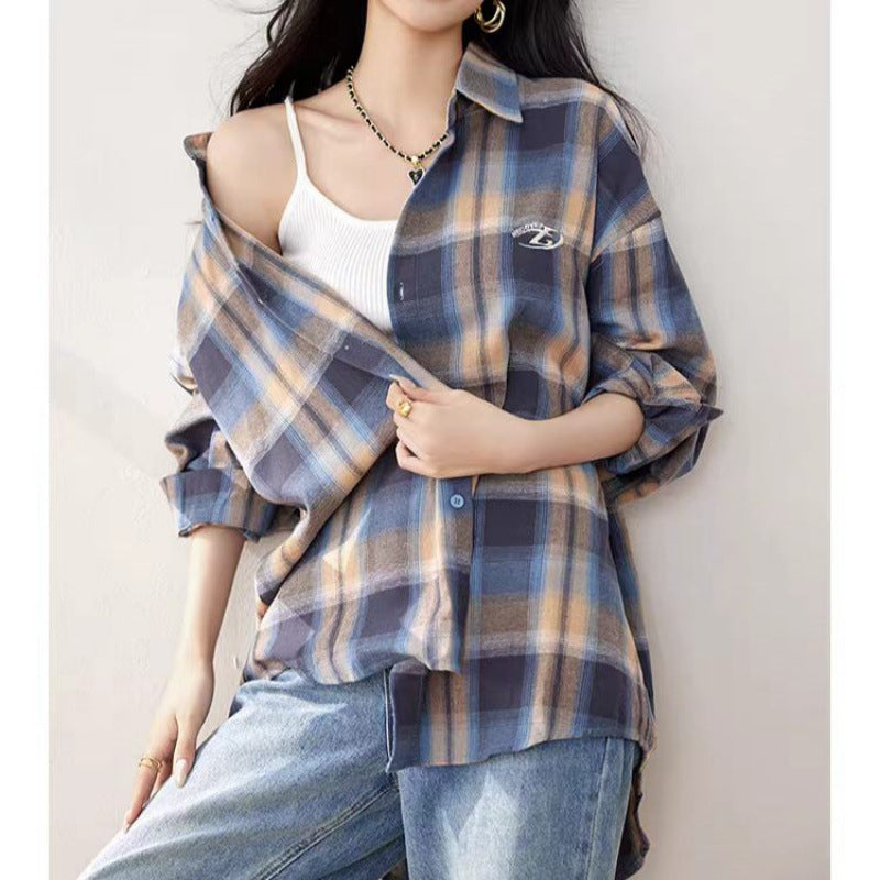 Oversized Plaid Shirt for Women — Button Front Layering Top with Chest Pocket in Brushed Cotton