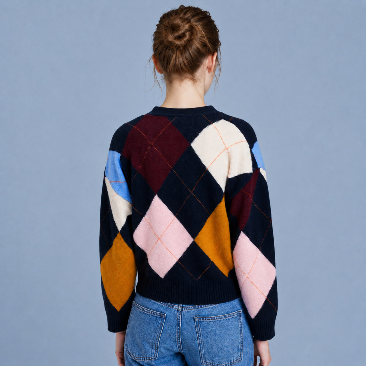 Argyle Cardigan for Women — V Neck Button Front Cropped Knit in Wool Blend
