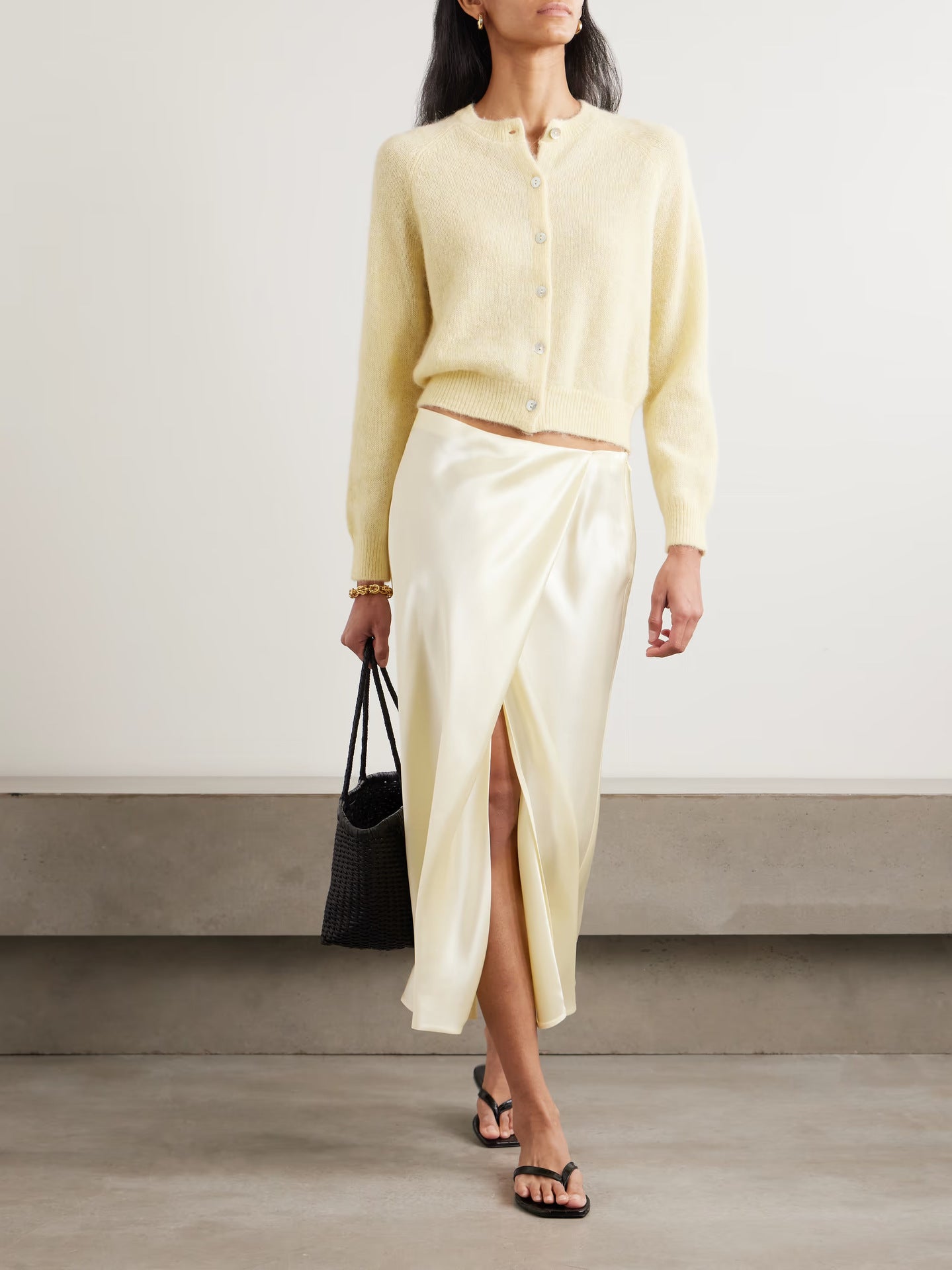 Women's wool-blend knit cardigan, light yellow round neck with button front
