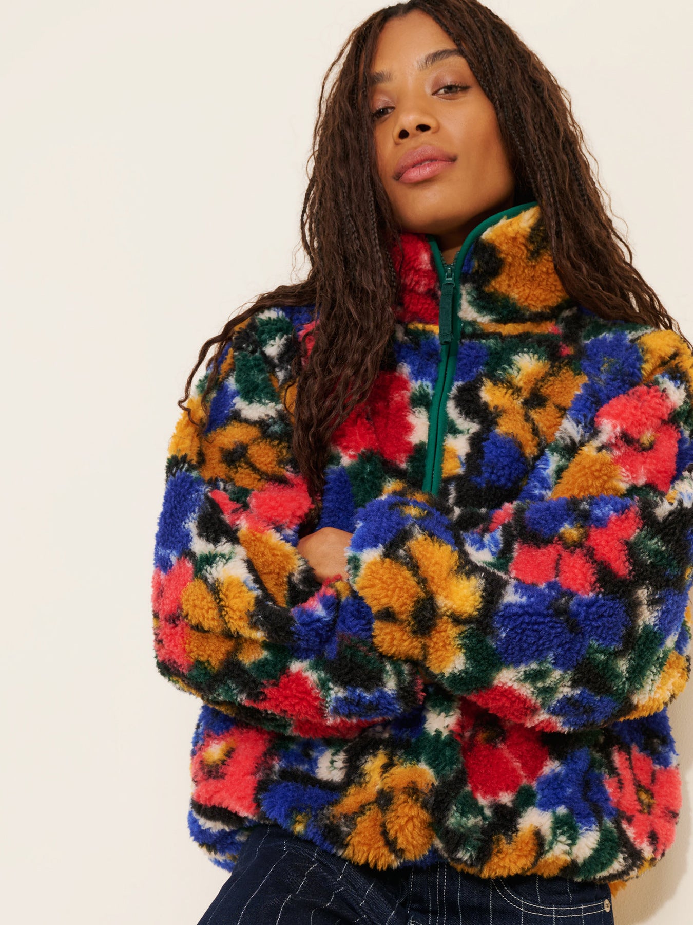 Multicolor fuzzy teddy fleece jacket with quarter-zip and full front print