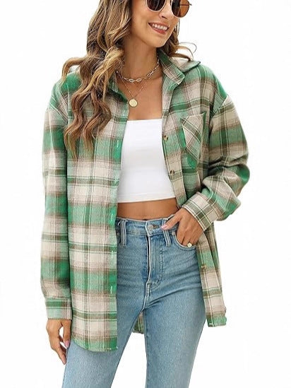 Oversized Plaid Shirt for Women — Boyfriend Fit Button Down with Chest Pocket in Cotton