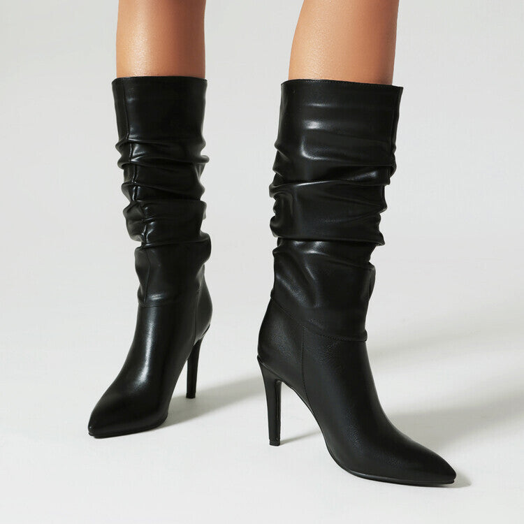 Slouch Boots for Women — Pointed Toe Stiletto Mid Calf Style in Faux Leather