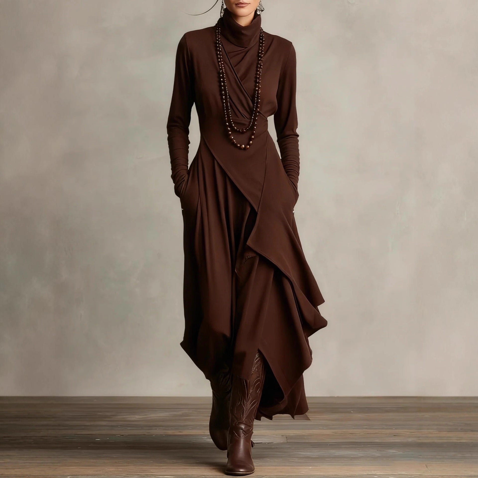 Turtleneck Maxi Dress — Long Sleeve Asymmetric Draped Skirt with Pockets in Viscose
