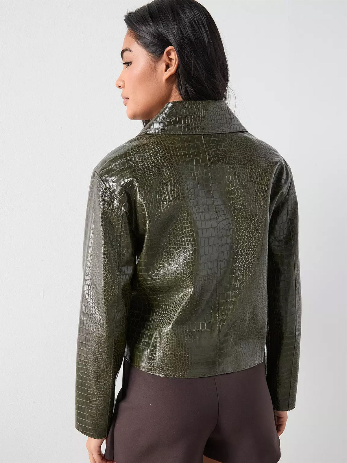 Croc Faux Leather Jacket for Women — Cropped Button Front with Chest Pockets