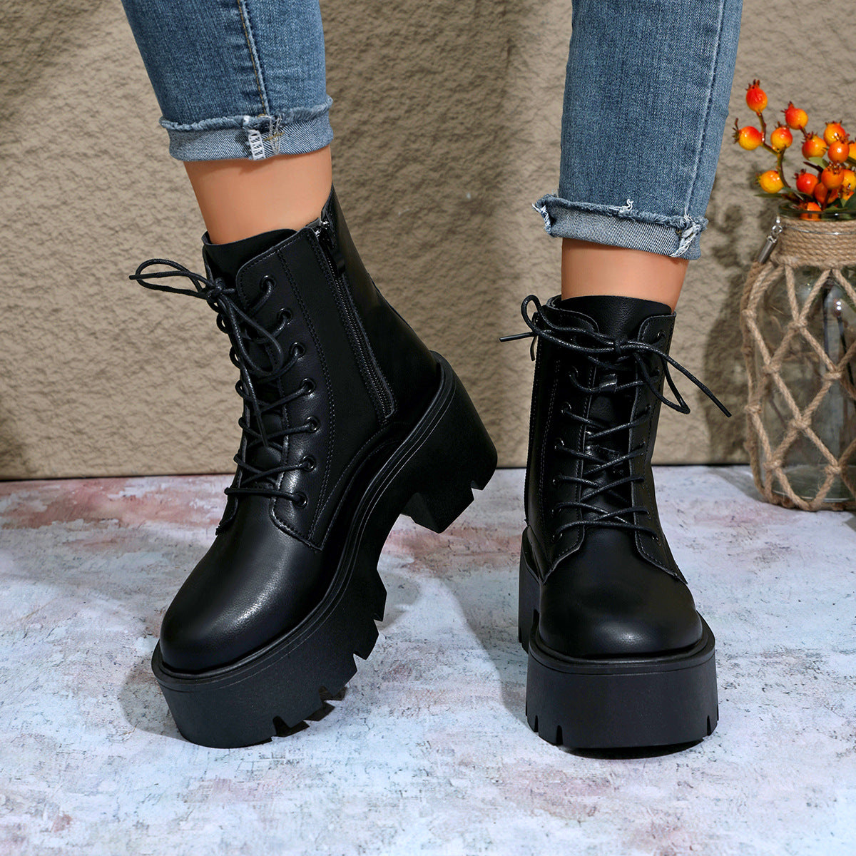 Combat Boots for Women — Chunky Lug Sole Platform Ankle Booties in Faux Leather