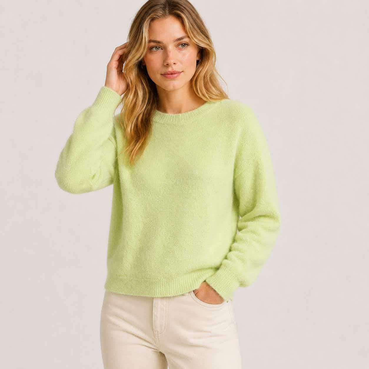 Fuzzy Crew Neck Sweater for Women — Soft Brushed Pullover Knit in Mohair