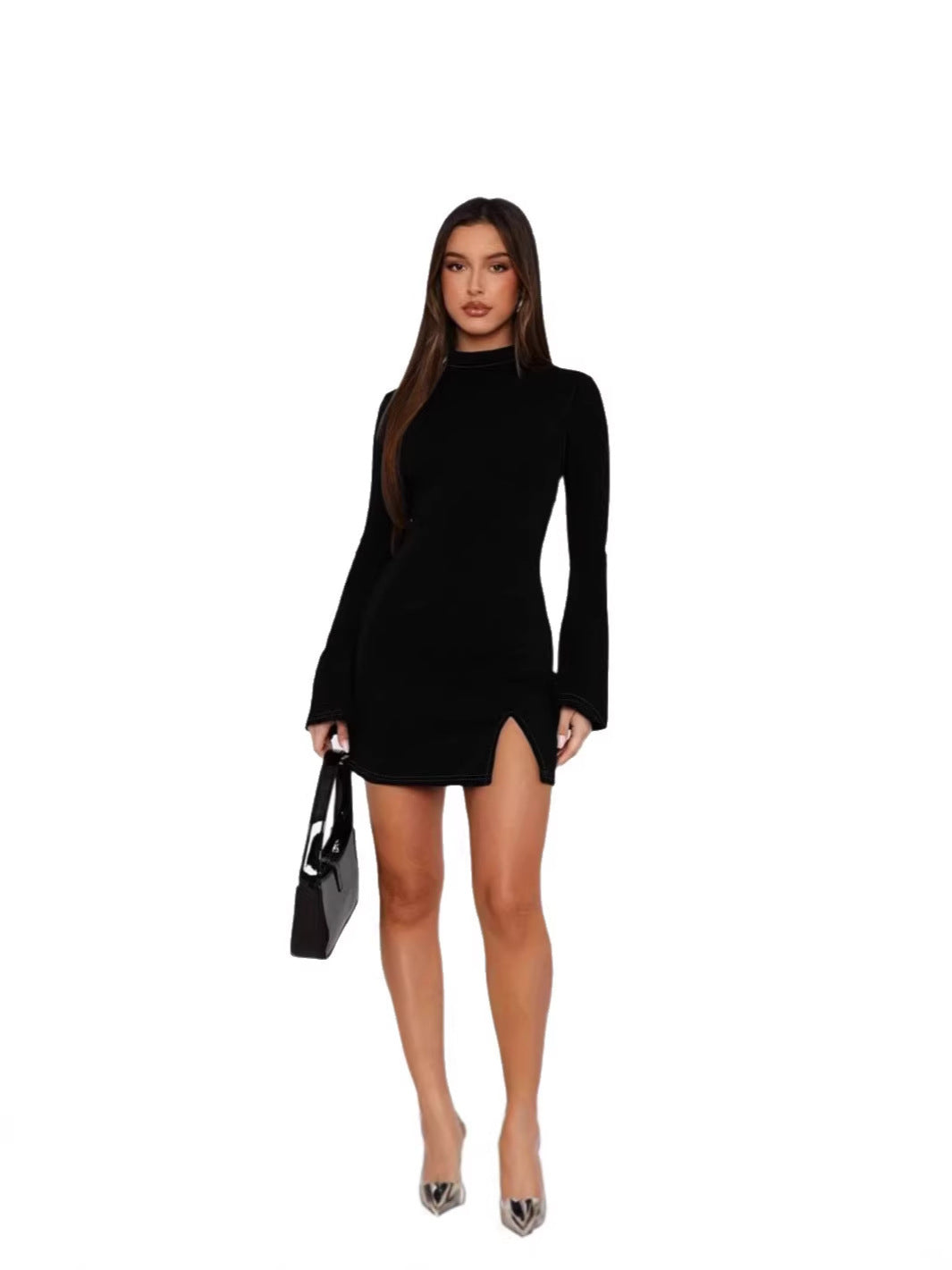Black mock-neck bell-sleeve mini dress with front slit, fitted jersey bodycon