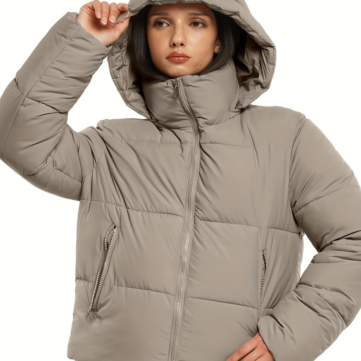 Light gray hooded windproof puffer coat with front zip and side pockets