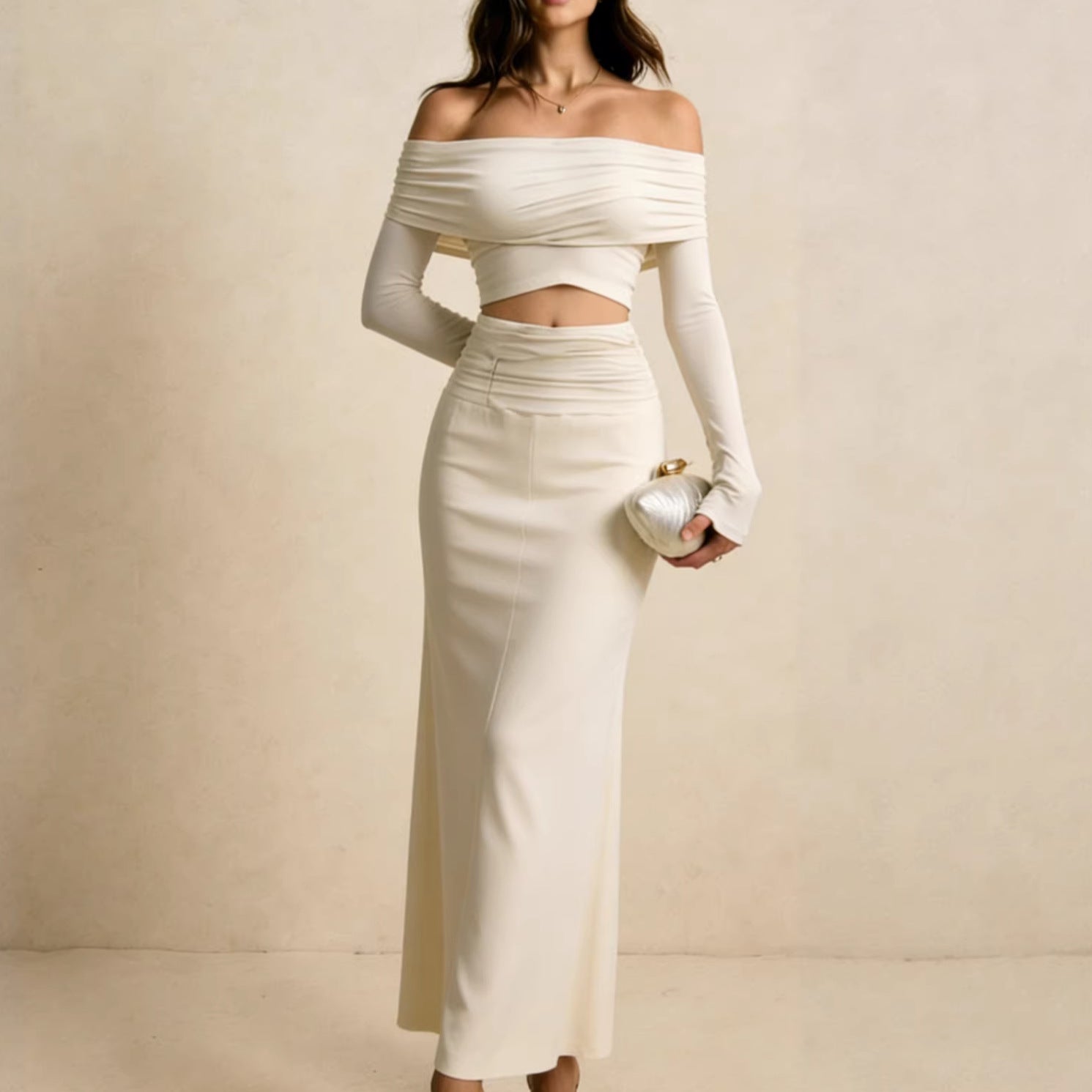Apricot off-shoulder long-sleeve crop top with high-waist A-line midi skirt