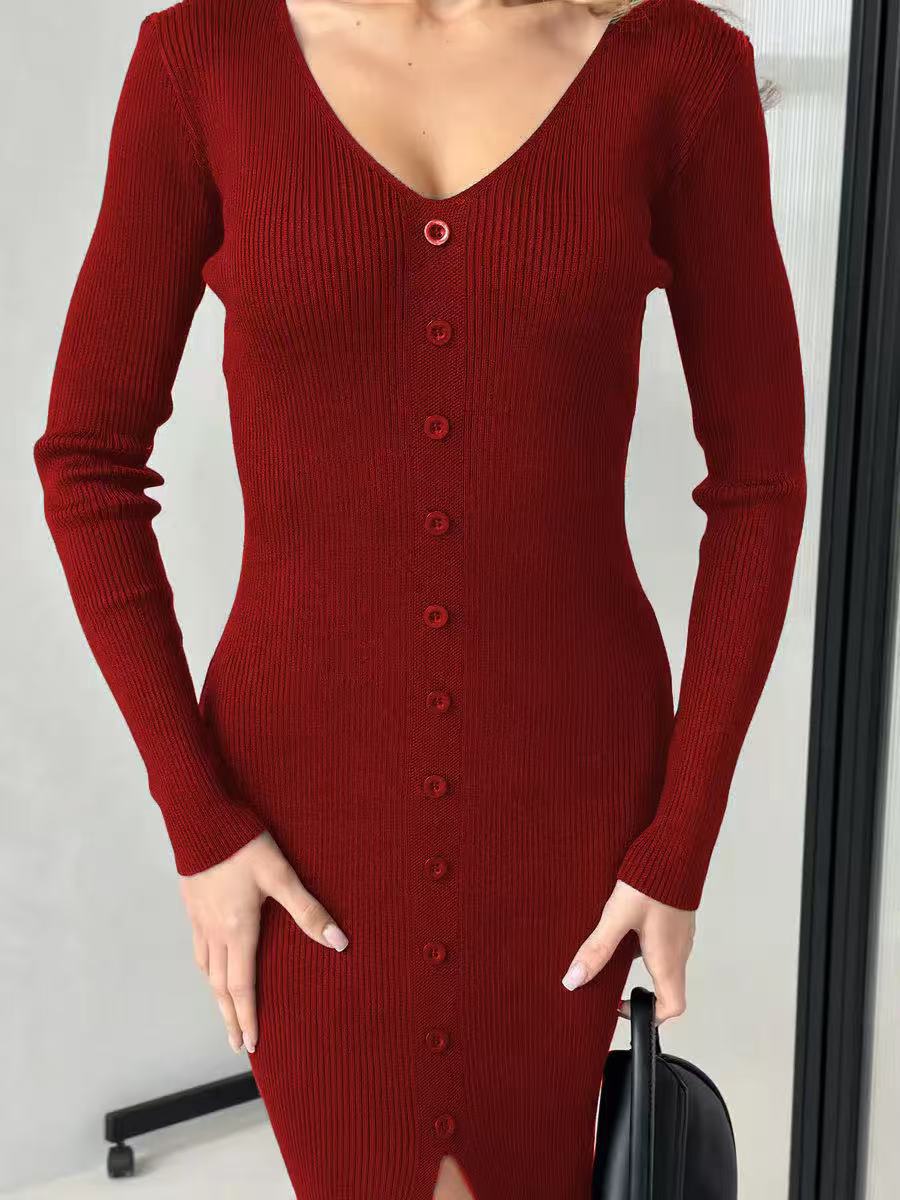 Burgundy ribbed knit V-neck button-front midi dress with long sleeves.