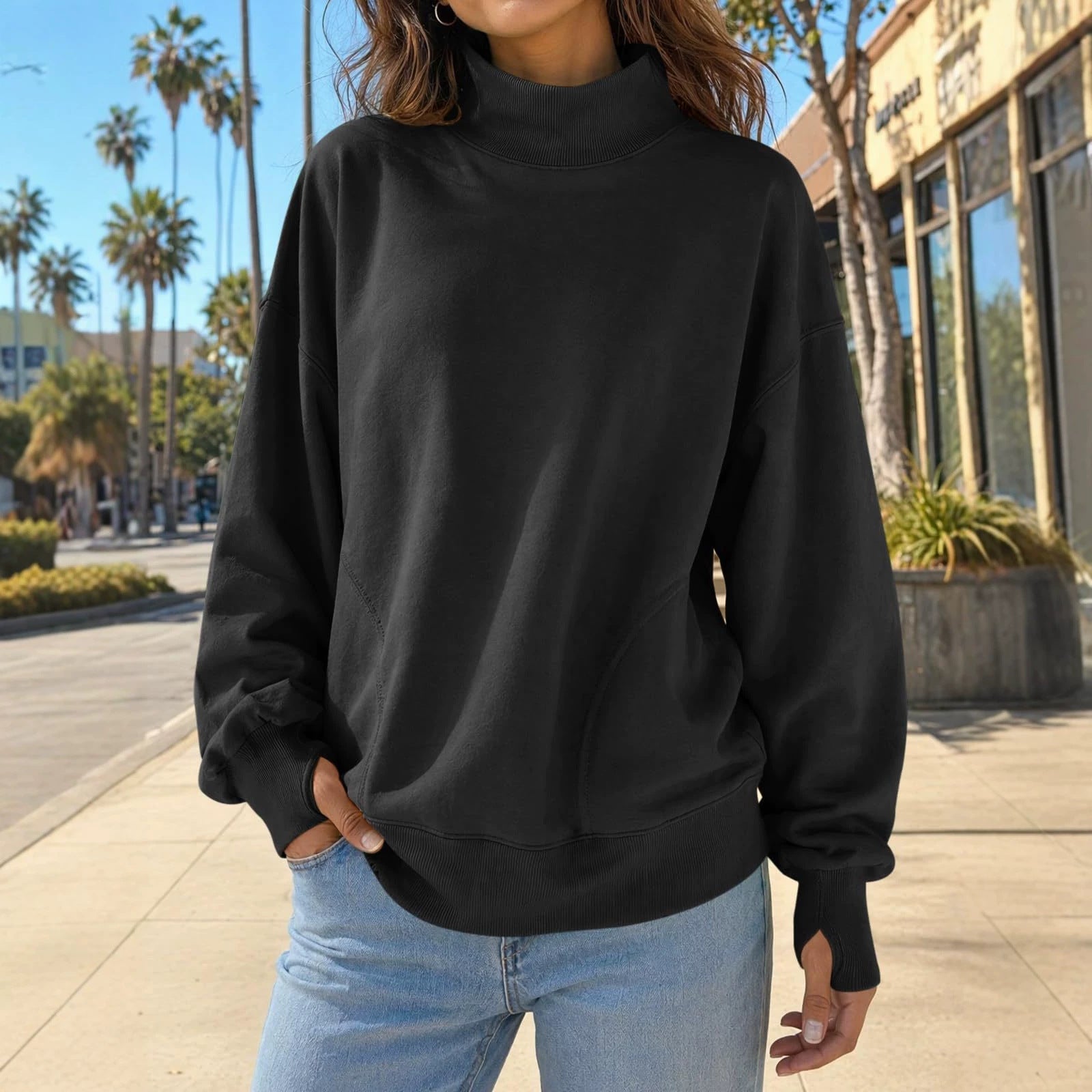 Women’s high-neck loose pullover sweatshirt, solid black
