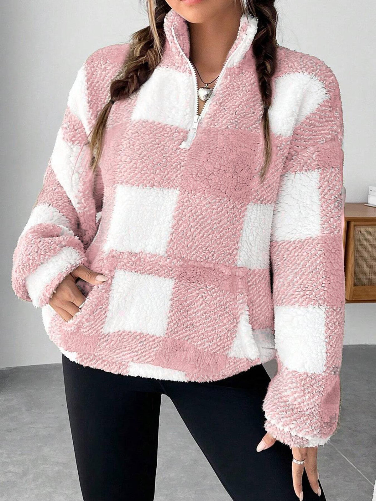 Pink and white plaid fuzzy quarter-zip sweatshirt with half-open collar for women