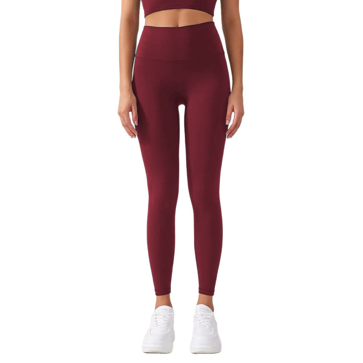 Women's wine red high-waist tummy control running leggings, full-length skinny fit