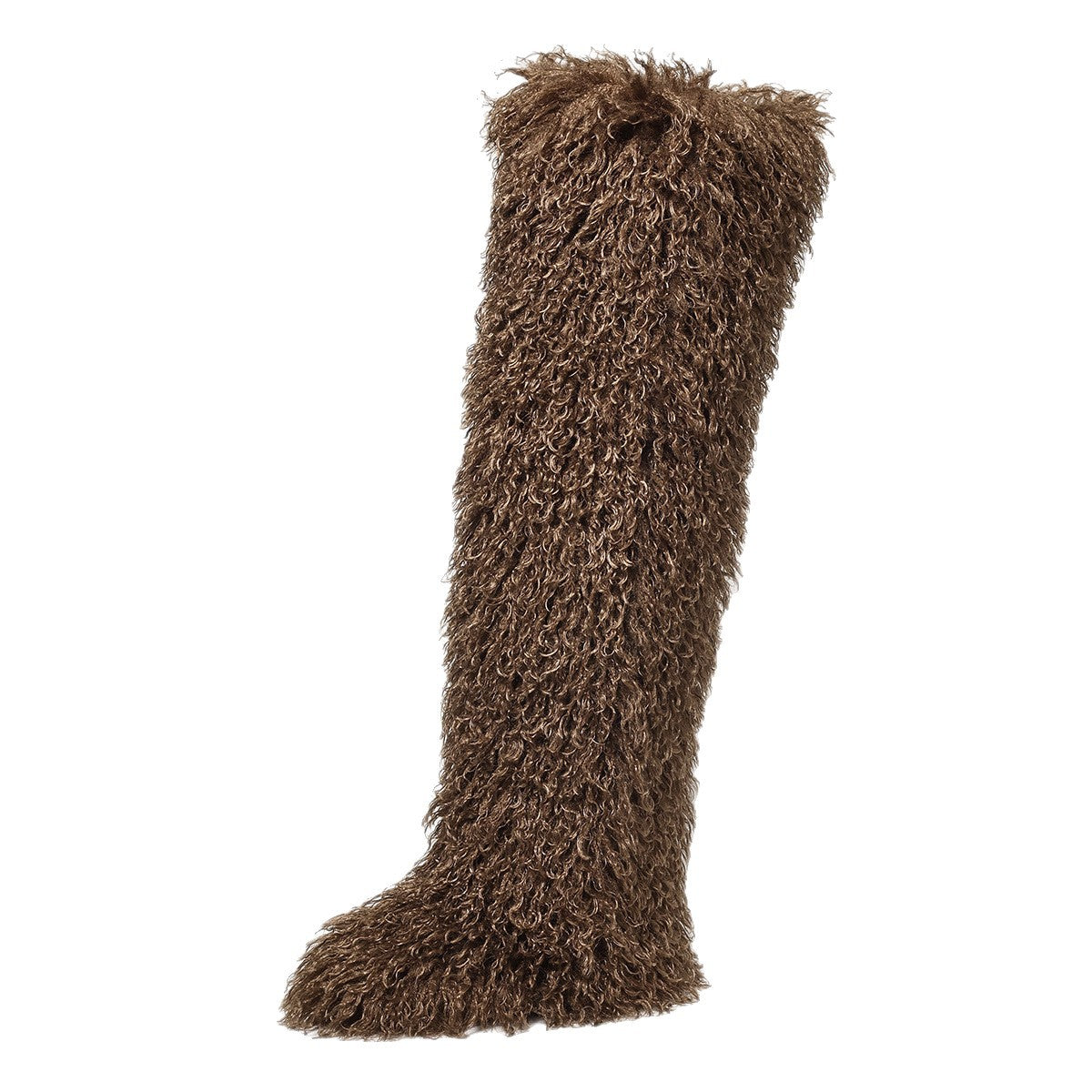 Brown faux-fur thigh-high boot with curly pile, shown from the side.