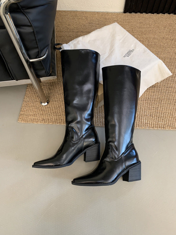 Riding Boots for Women — Knee High Pull On with Square Toe and Block Heel in Faux Leather