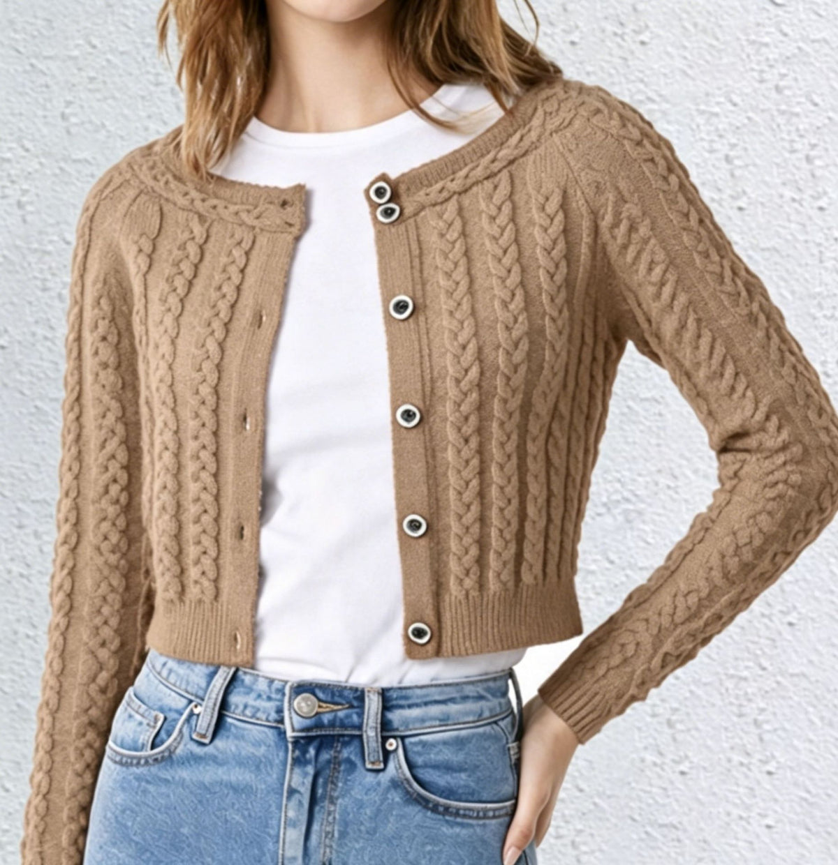 Women’s khaki cable knit cardigan, round neck button-front, long sleeves
