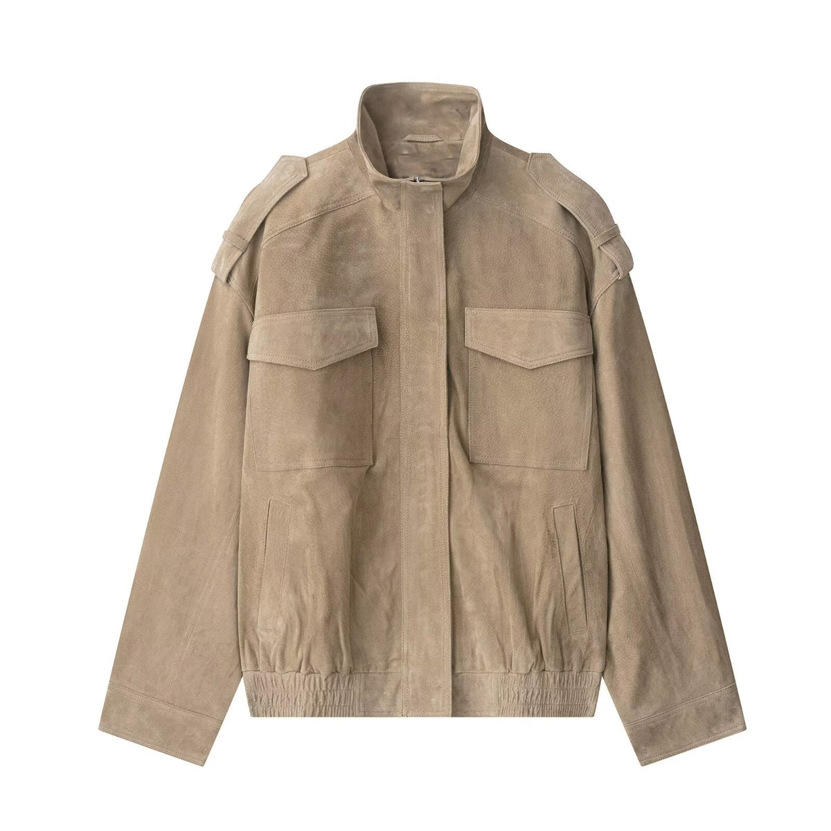 Women’s khaki suede bomber jacket, stand collar, zip front, flap chest pockets