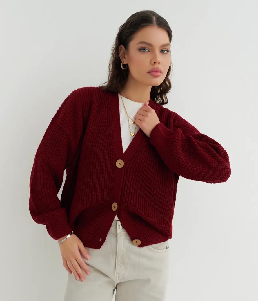 Women’s wine-red loose knitted cardigan, button-front V-neck, gold-tone buttons