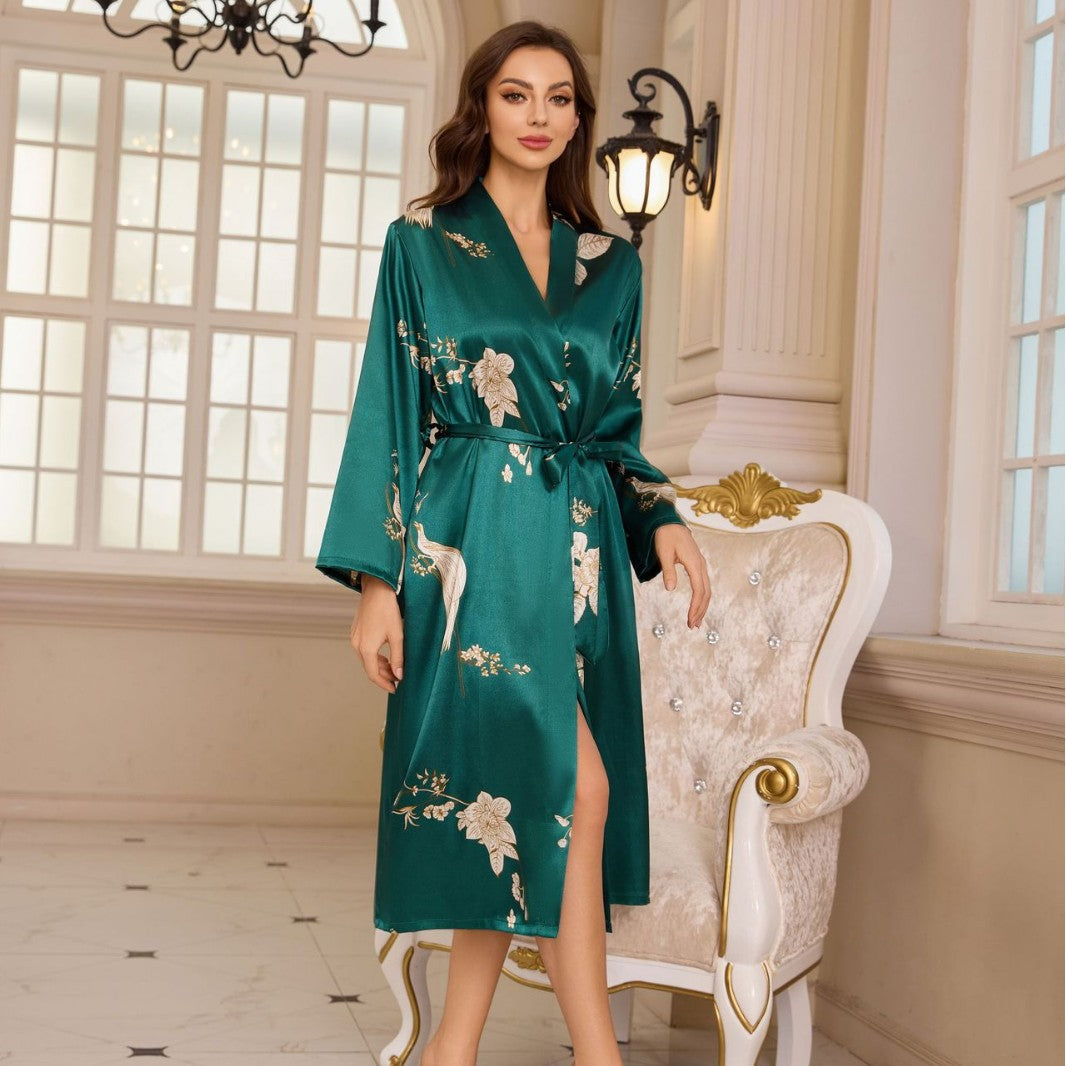 Green satin robe with floral print, V-neck, long sleeves, tied waist belt