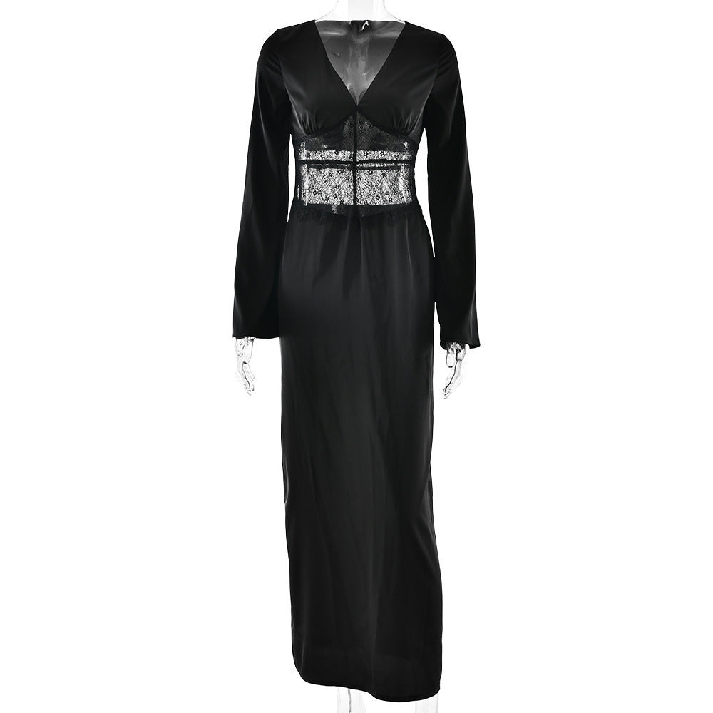 Satin Maxi Dress with Long Sleeves — Deep V Neck Evening Gown with Lace Waist