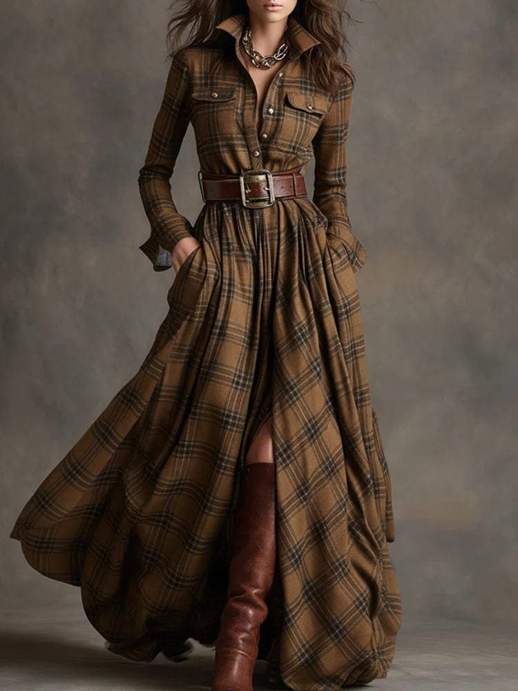 Brown plaid maxi shirt dress with button front, long sleeves, corset-style belt, front slit