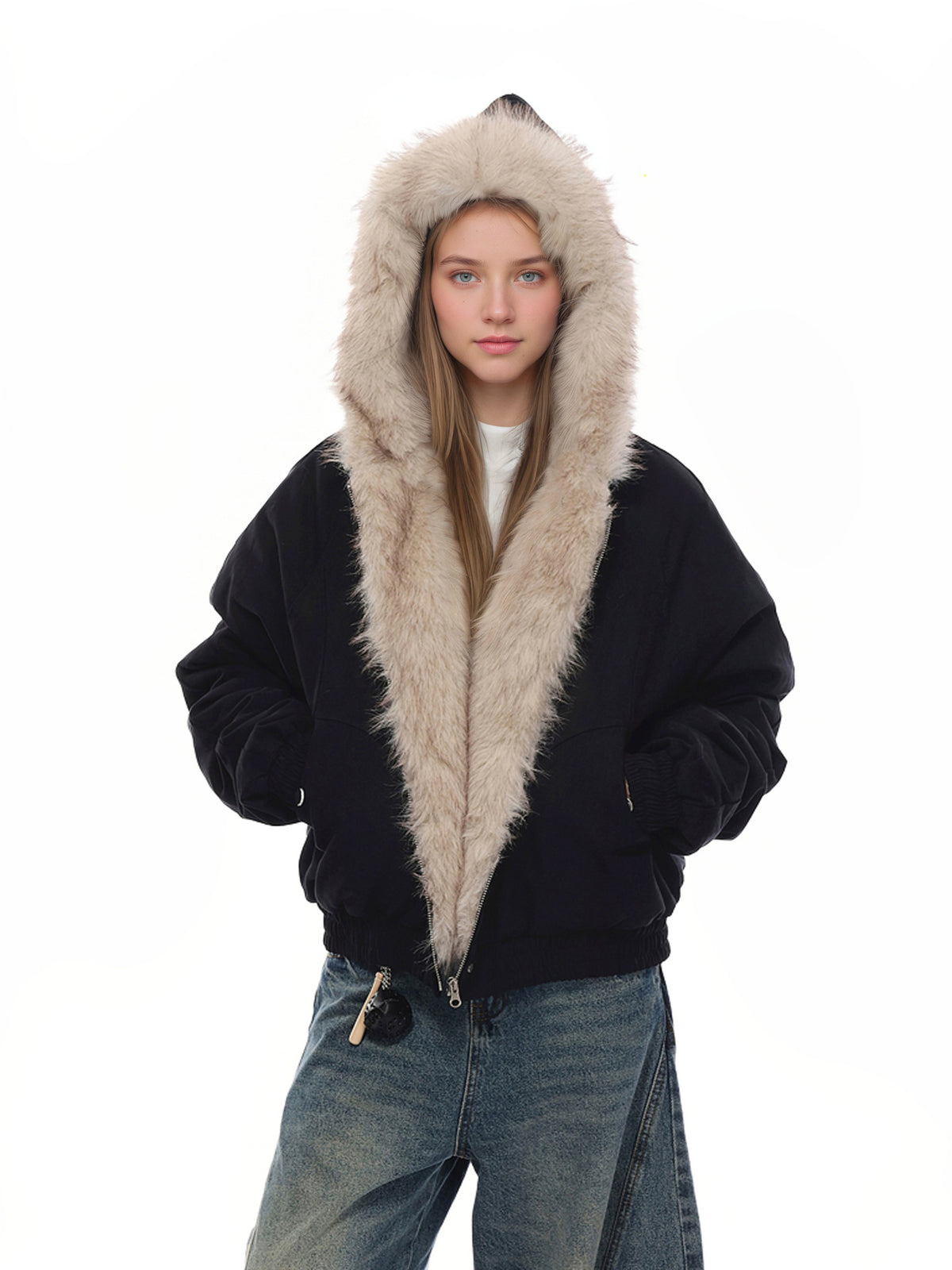 Black short winter cotton jacket with thick faux fur-trimmed hood and zipper
