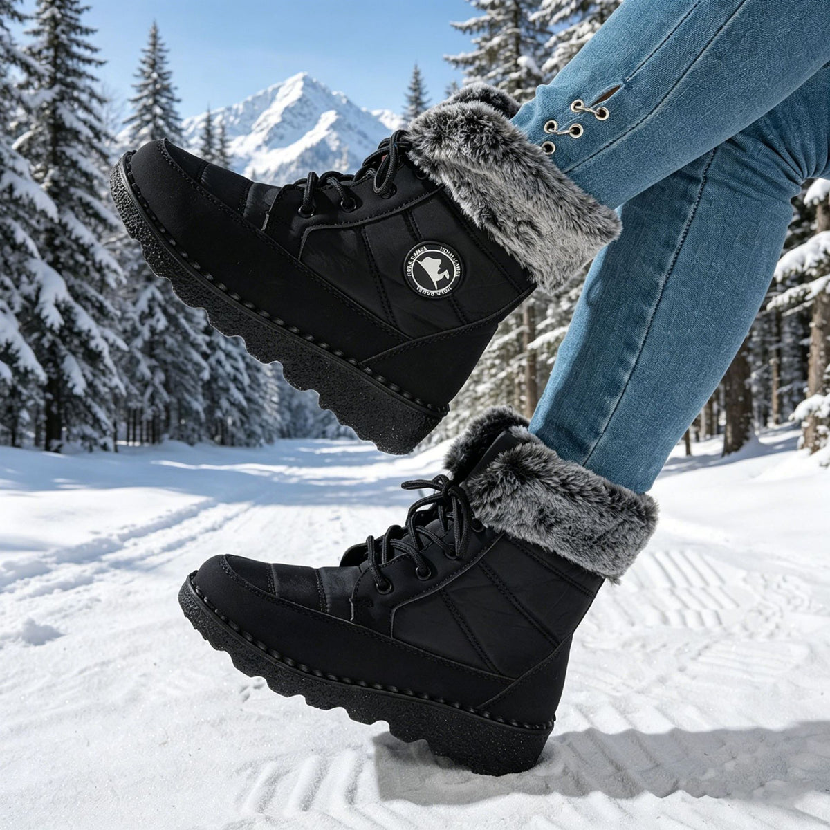 Black lace-up winter boots with faux-fur cuff, logo patch, and thick sole