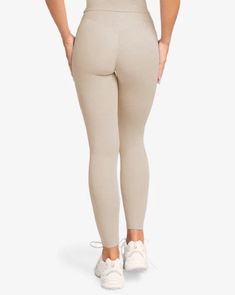Women's beige high-waist tummy control running leggings, full-length skinny fit
