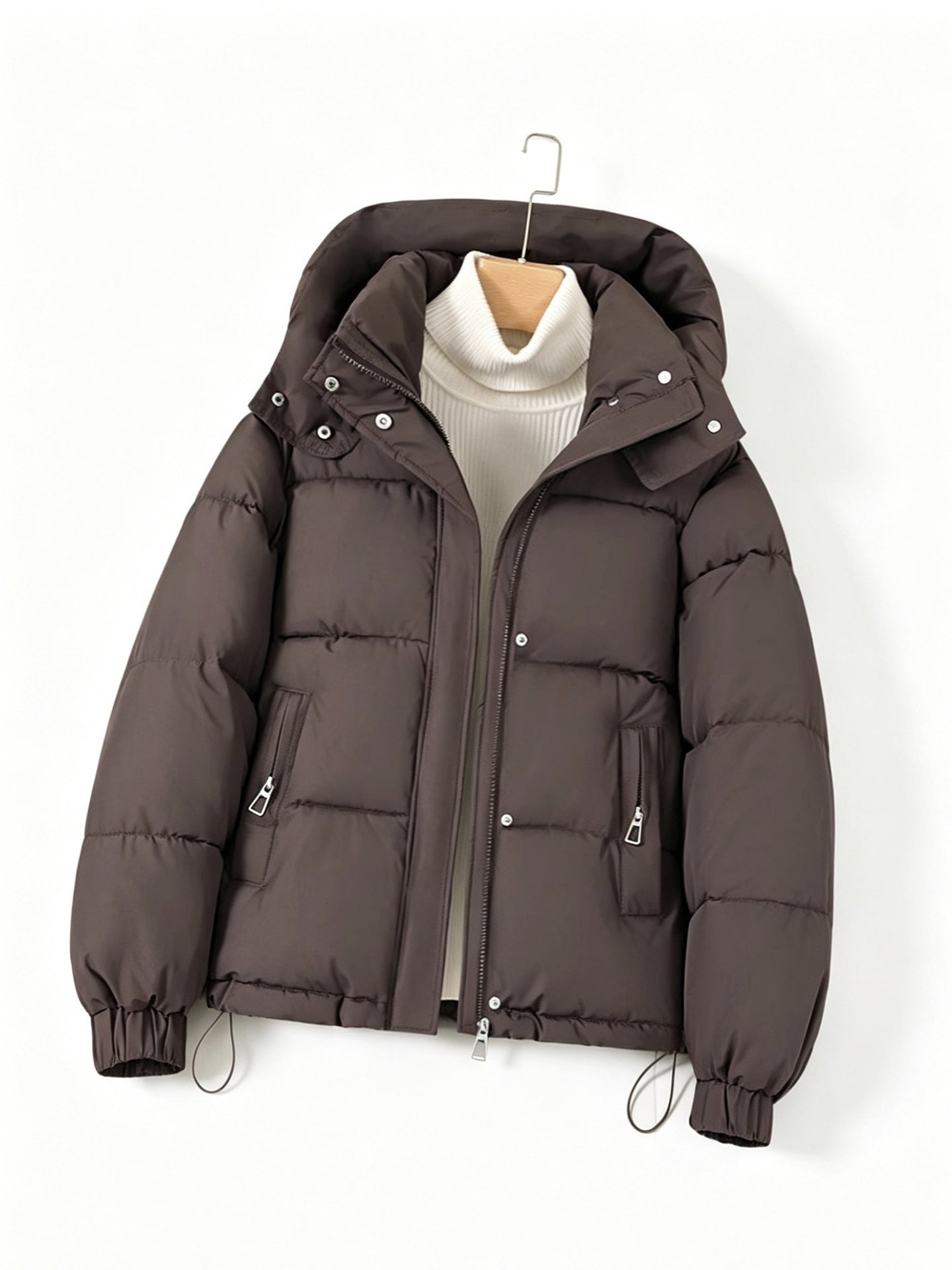 Women’s hooded short puffer jacket, dark brown, full zip with snap placket and side pockets