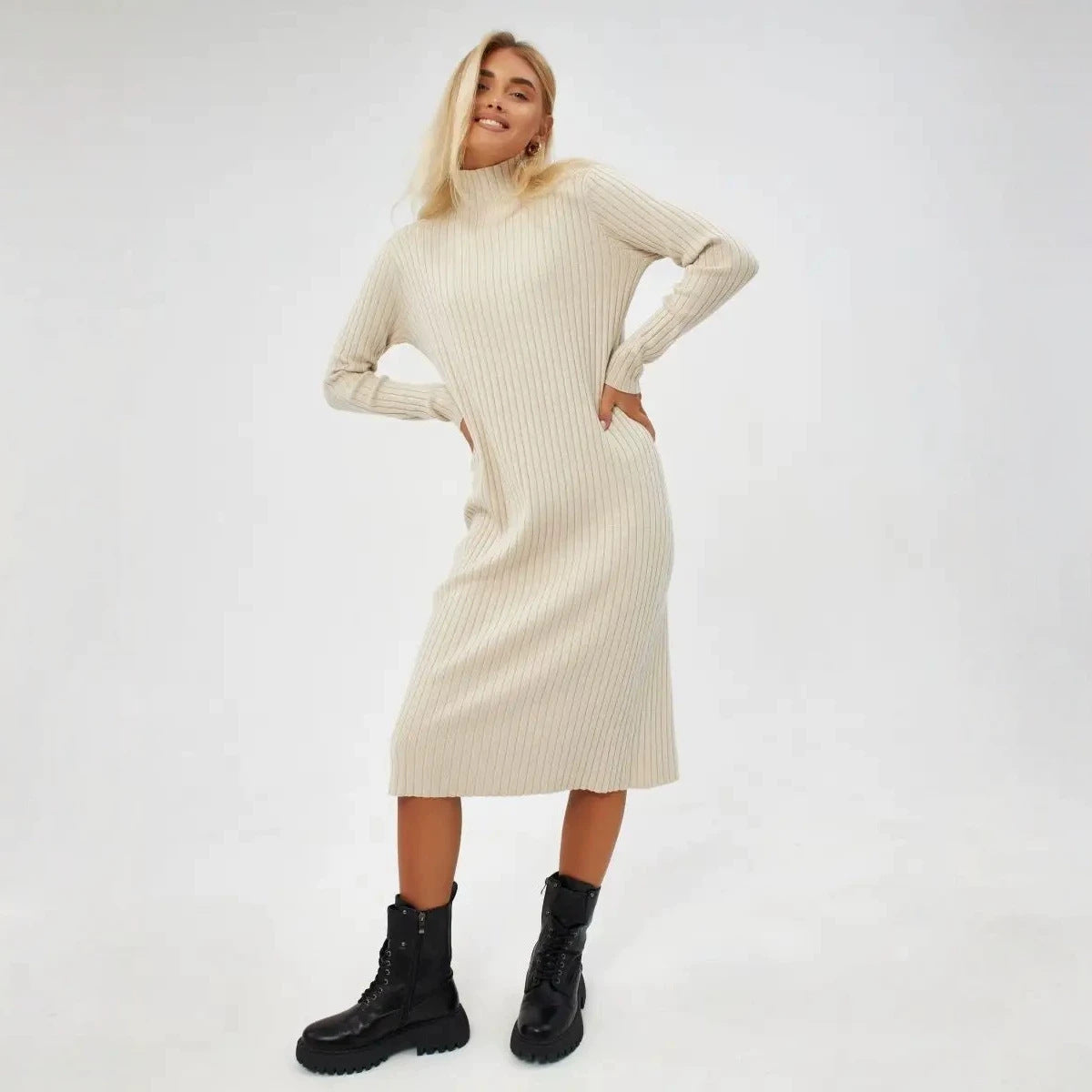 Oversized Sweater Dress in Midi Length — Mock Neck Ribbed Knit with a Relaxed Fit