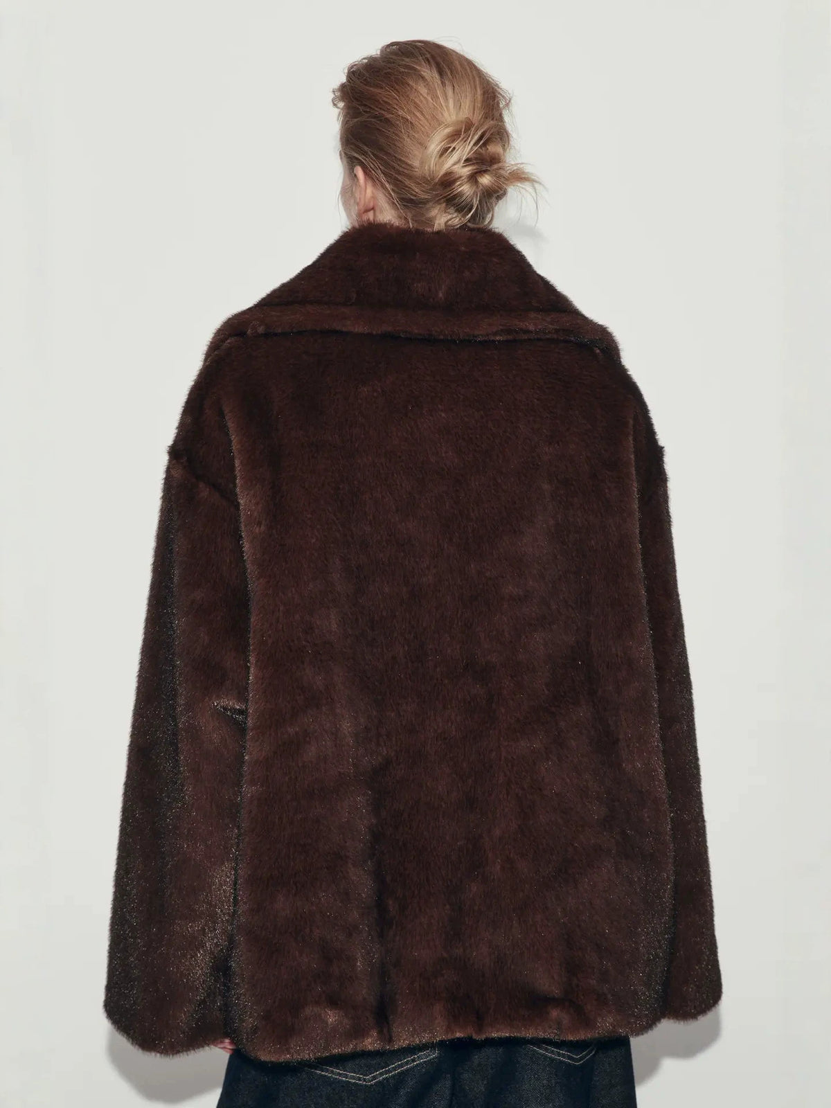 Wine-brown faux fur coat with stand collar and full back coverage
