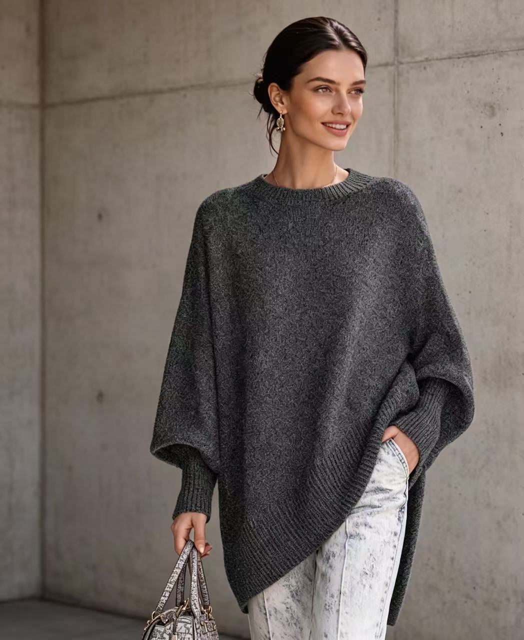 Women’s loose knit sweater, dark heather gray solid color, round neckline, wide sleeves