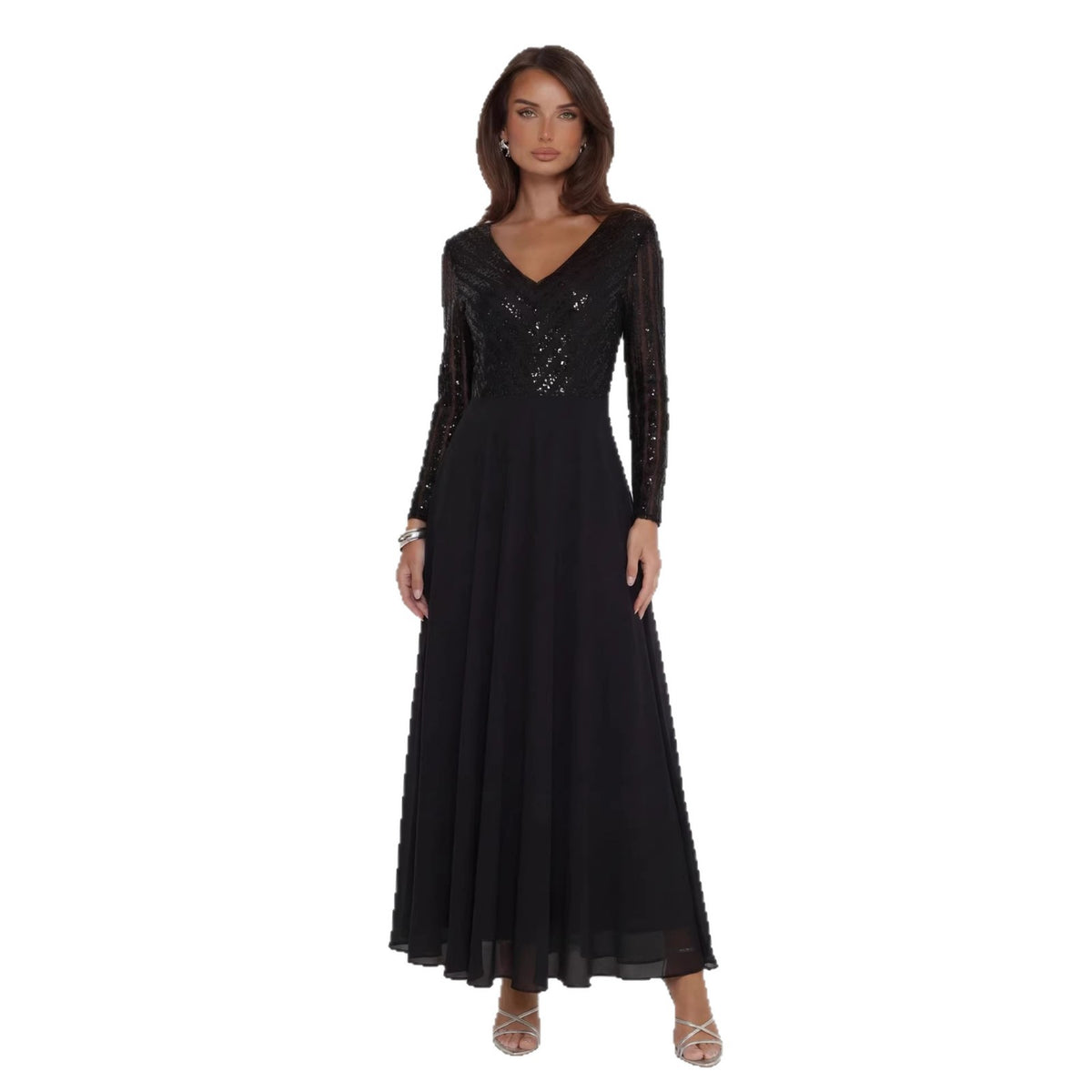 Black sequined V-neck long-sleeve sheer mesh maxi dress, ankle-length skirt