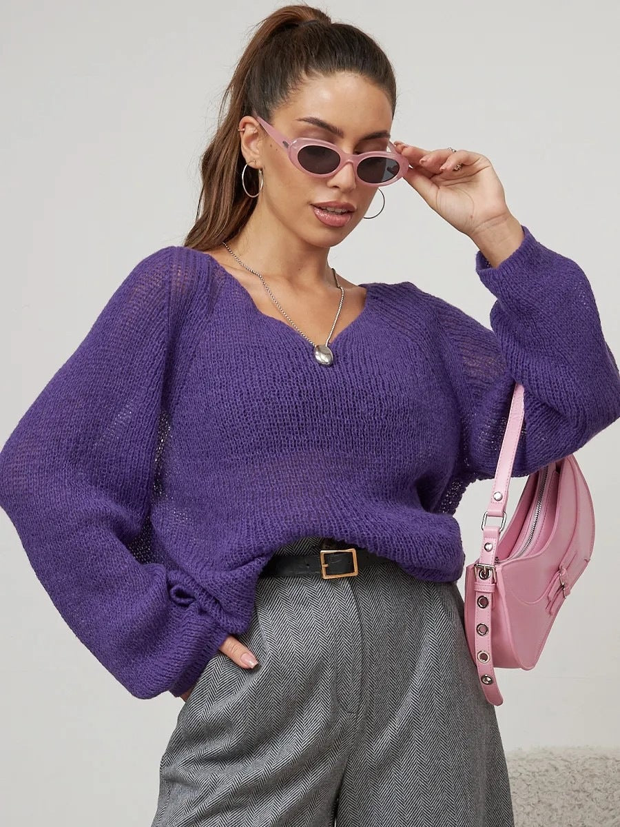Open Knit Sweater for Women — Sheer Oversized V Neck Pullover in Lightweight Mohair