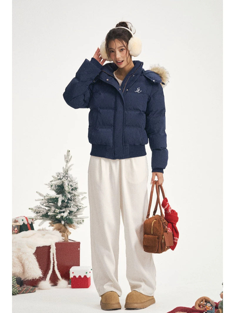 Women's navy short puffer jacket with fur-trim hood, zip front, long sleeves