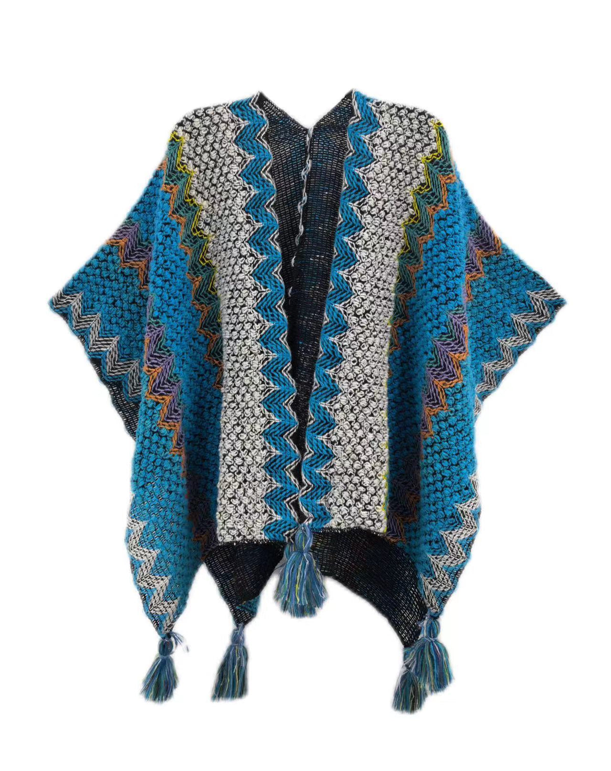 Blue and gray knitted poncho shawl with multicolor zigzag stripes and tassels