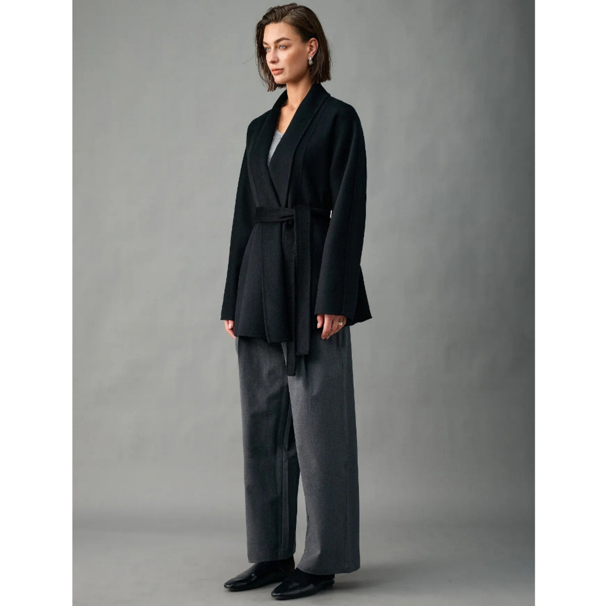 Wool Wrap Coat for Women — Shawl Collar Open Front with a Self Tie Belt