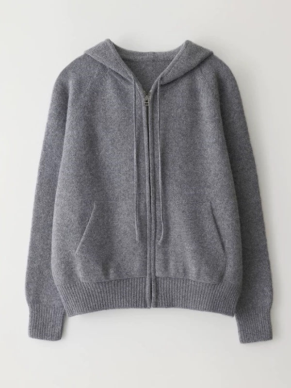 Gray hooded zip-knit cardigan sweater with drawstring, front close-up, ribbed cuffs