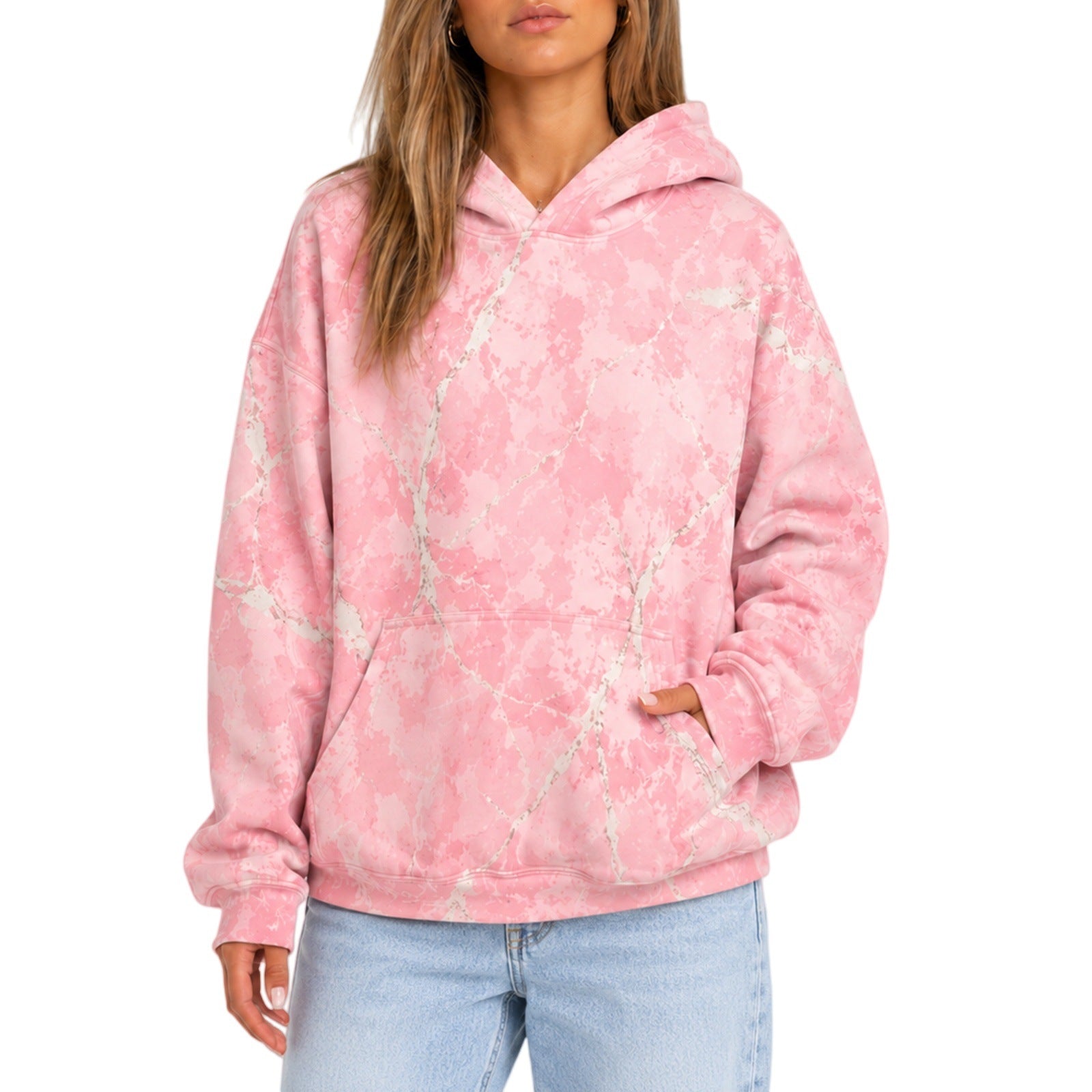 Oversized Graphic Hoodie for Women — Marble Print Pullover in Soft Fleece