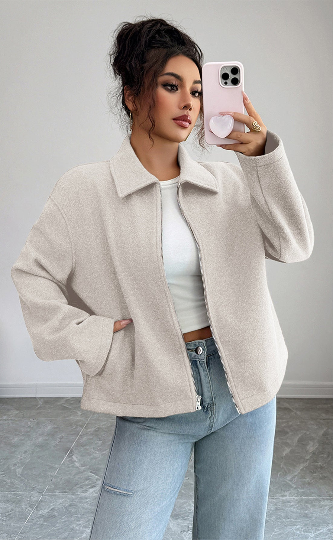 Wool Jacket for Women — Cropped Boxy Zip Front with Point Collar and Drop Shoulders