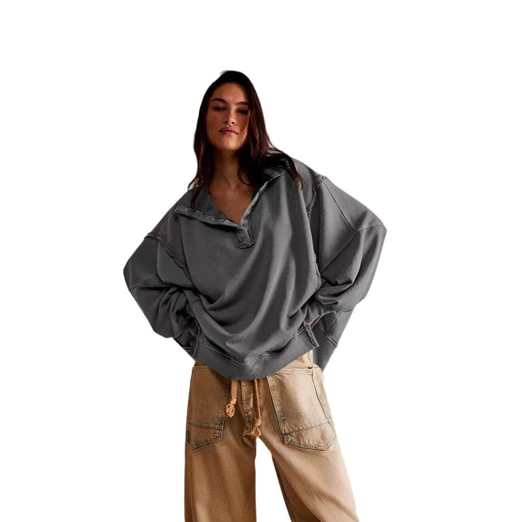 Women's charcoal-gray polo-collar sweatshirt top with loose lantern sleeves