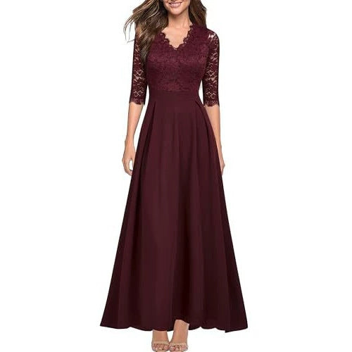 Wine red lace long dress with 3/4 sleeves, V-neck, fitted waist, full flared skirt.